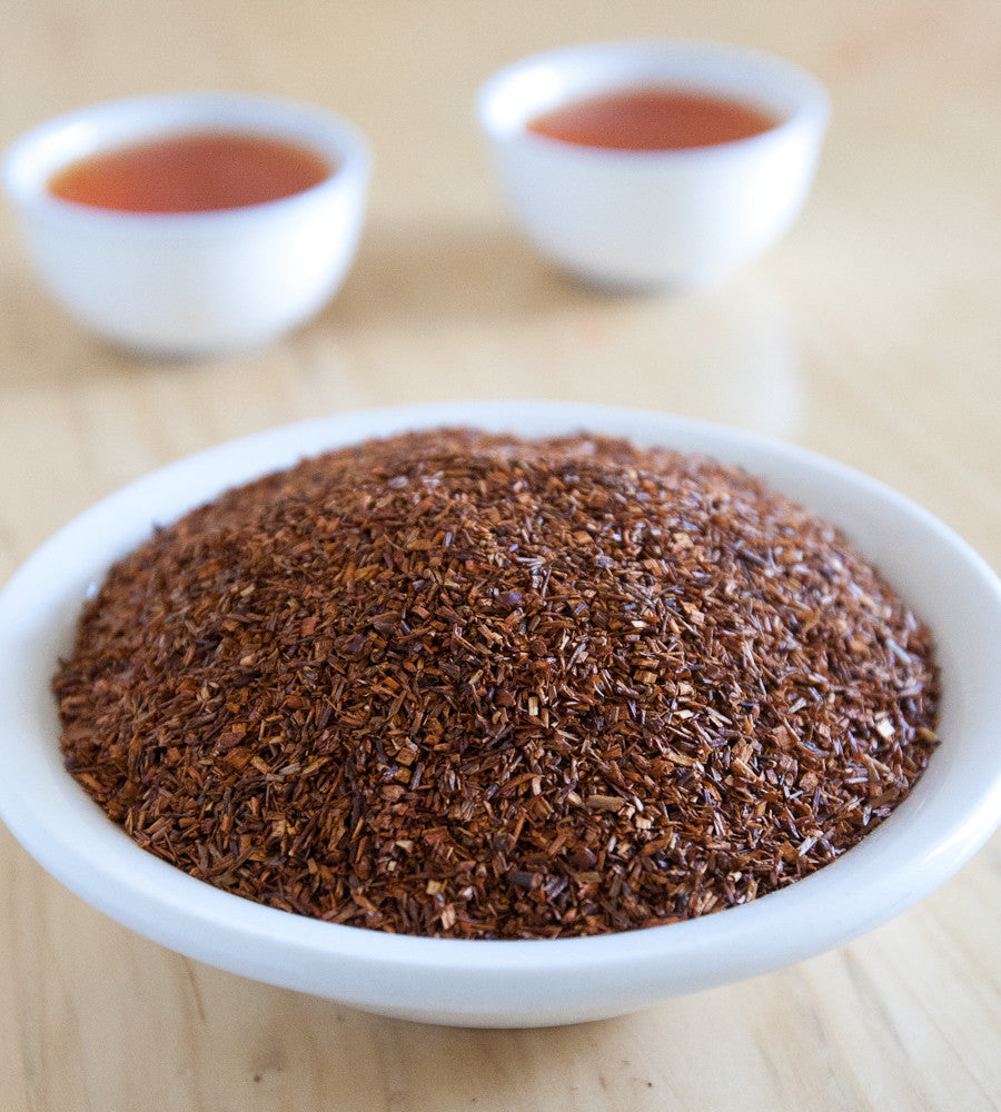 Our Organic Rooibos has leaves from an evergreen-like bush that are used to make a deep red cup full of vitamin C with no caffeine.